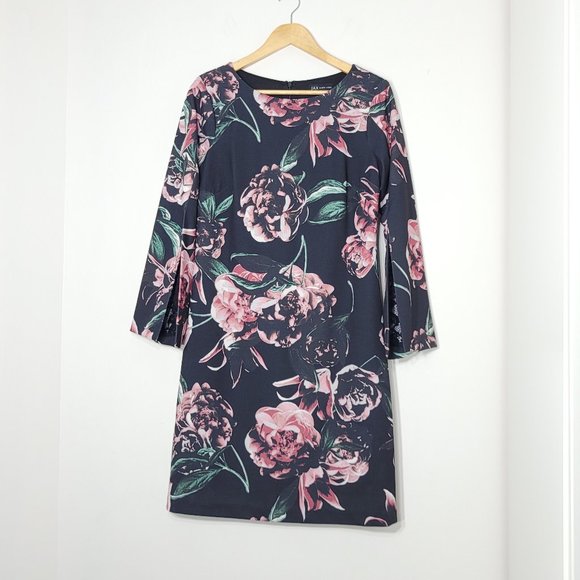 JAX Black Label Women Lace Black Pink Floral Bell Long Sleeve Round Neck Dress - Picture 10 of 13